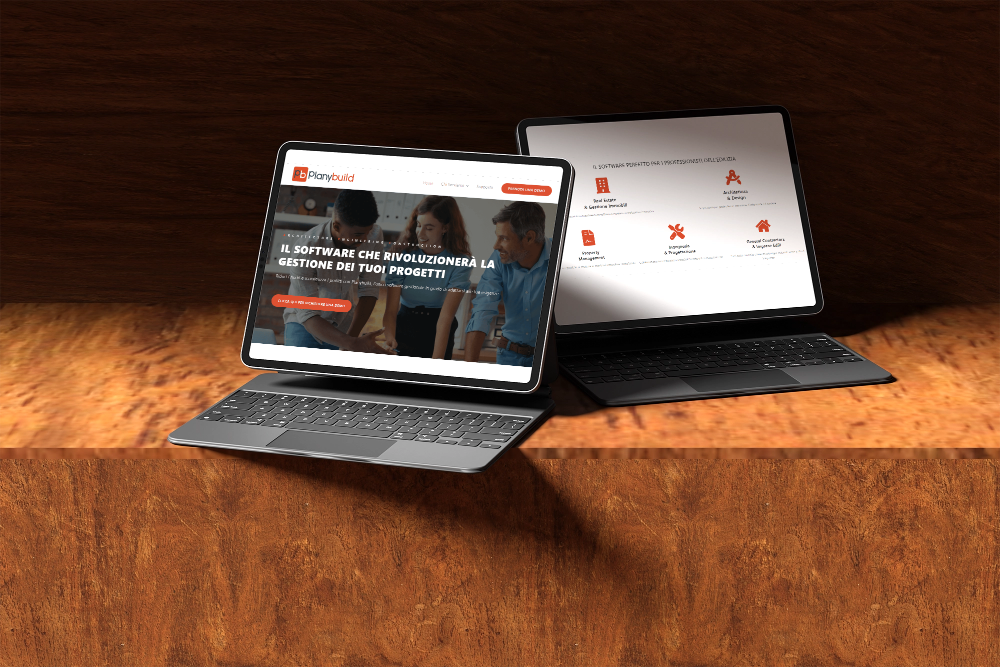 Pc portatili con schermata sito web Planybuild Software per l'Edilizia